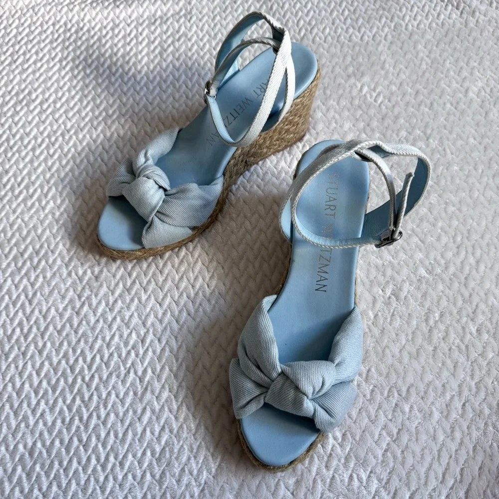 Stuart Weitzman Playa Espadrille Knot Wedge Sandals 9 B Blue Denim Ankle Strap